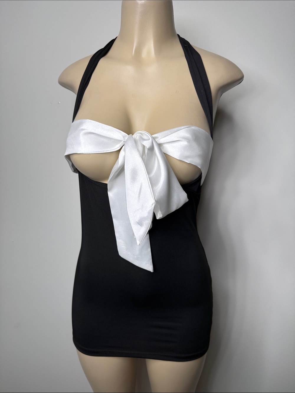 Black Halter Mini Dress with White Satin Bow
